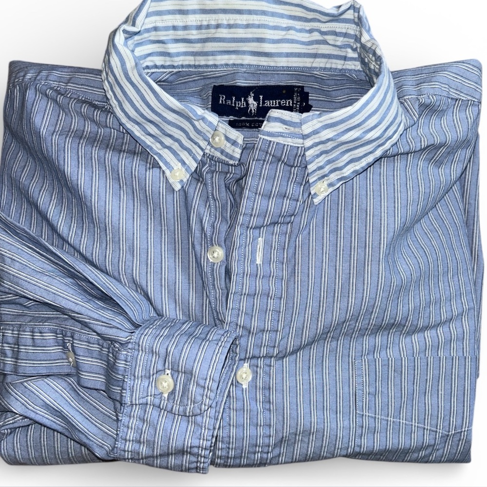 Ralph Lauren Blue Striped Cotton Poplin Button Down Shirt Size XXL OG Preppy